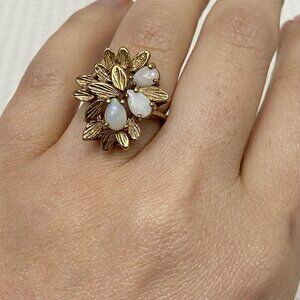 Vintage 18k Heavy Gold Electroplate Genuine Opal Cabochon Leaf Ring Karatclad 6